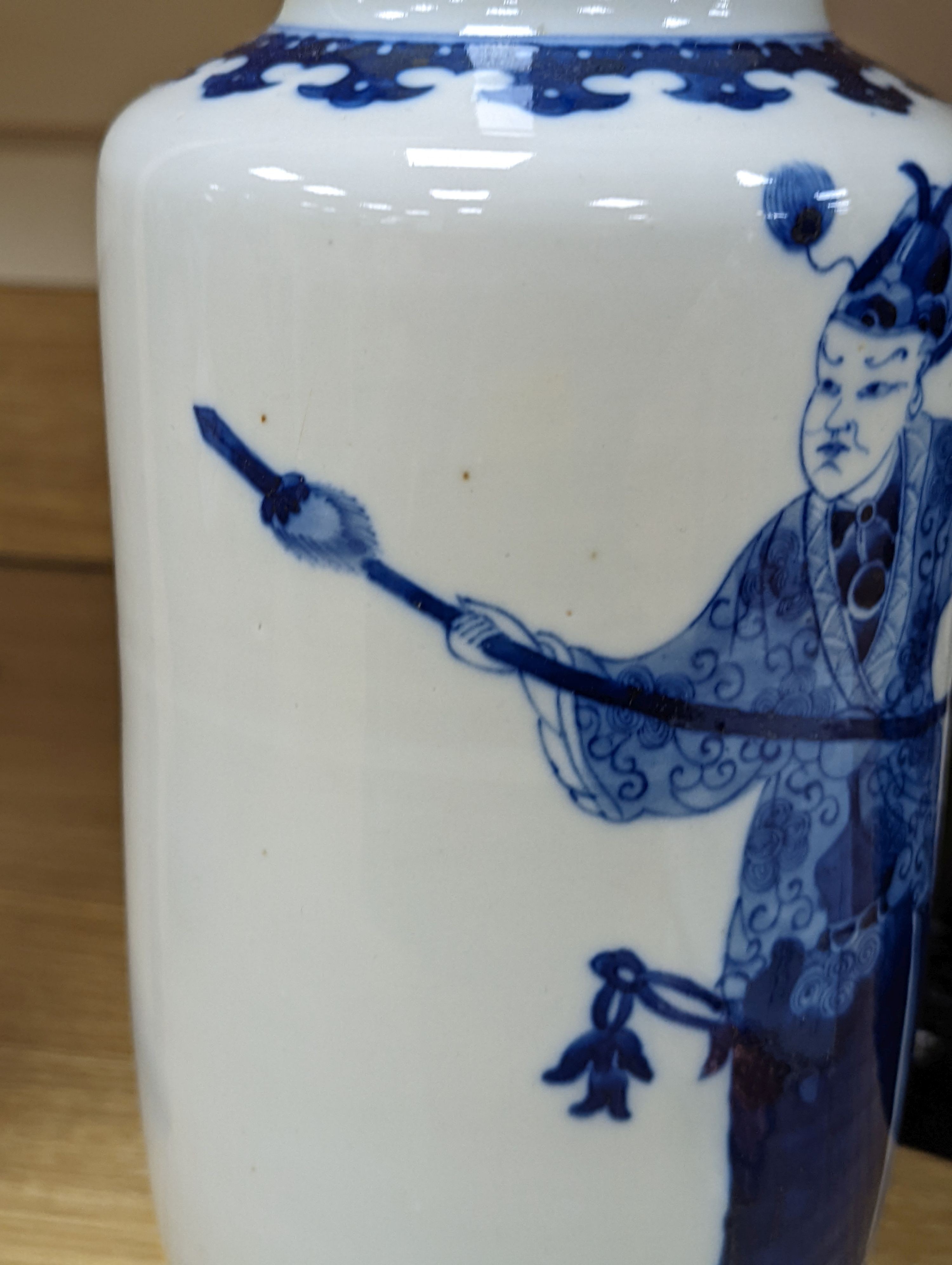 A Chinese blue and white rouleau vase, 35 cms.